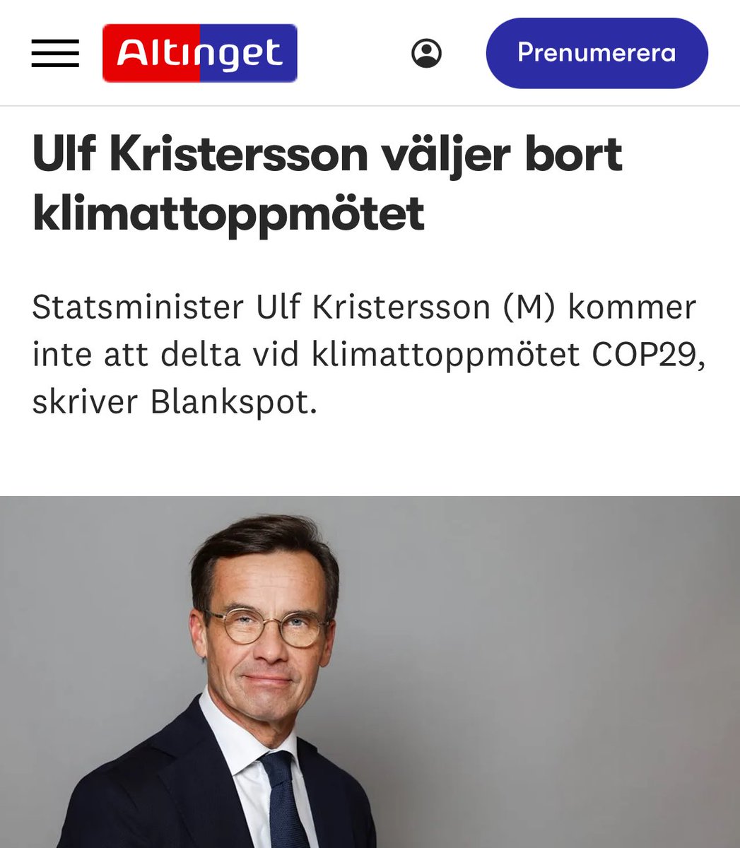 Ulf Kristersson väljer bort FN:s klimattoppmöte #COP29 Enligt uppgift är det första gången på sex år som Sveriges statsminister inte deltar

altinget.se/nyttomnamn/ulf…