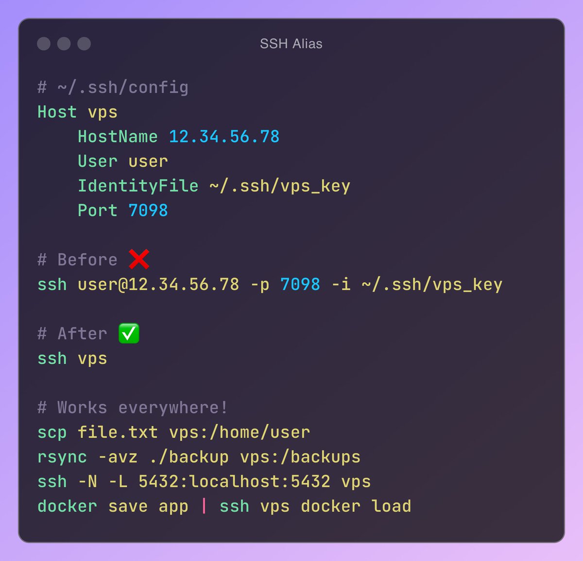 🤦‍♂️ Still typing full SSH commands?

SSH config = your VPS speed dial 

➡️ Multiple servers? One alias each
➡️ Different keys? No problem
➡️ Custom ports? Set and forget

Few lines in ~/.ssh/config = simplified forever ✨

Self-host smarter 🚀