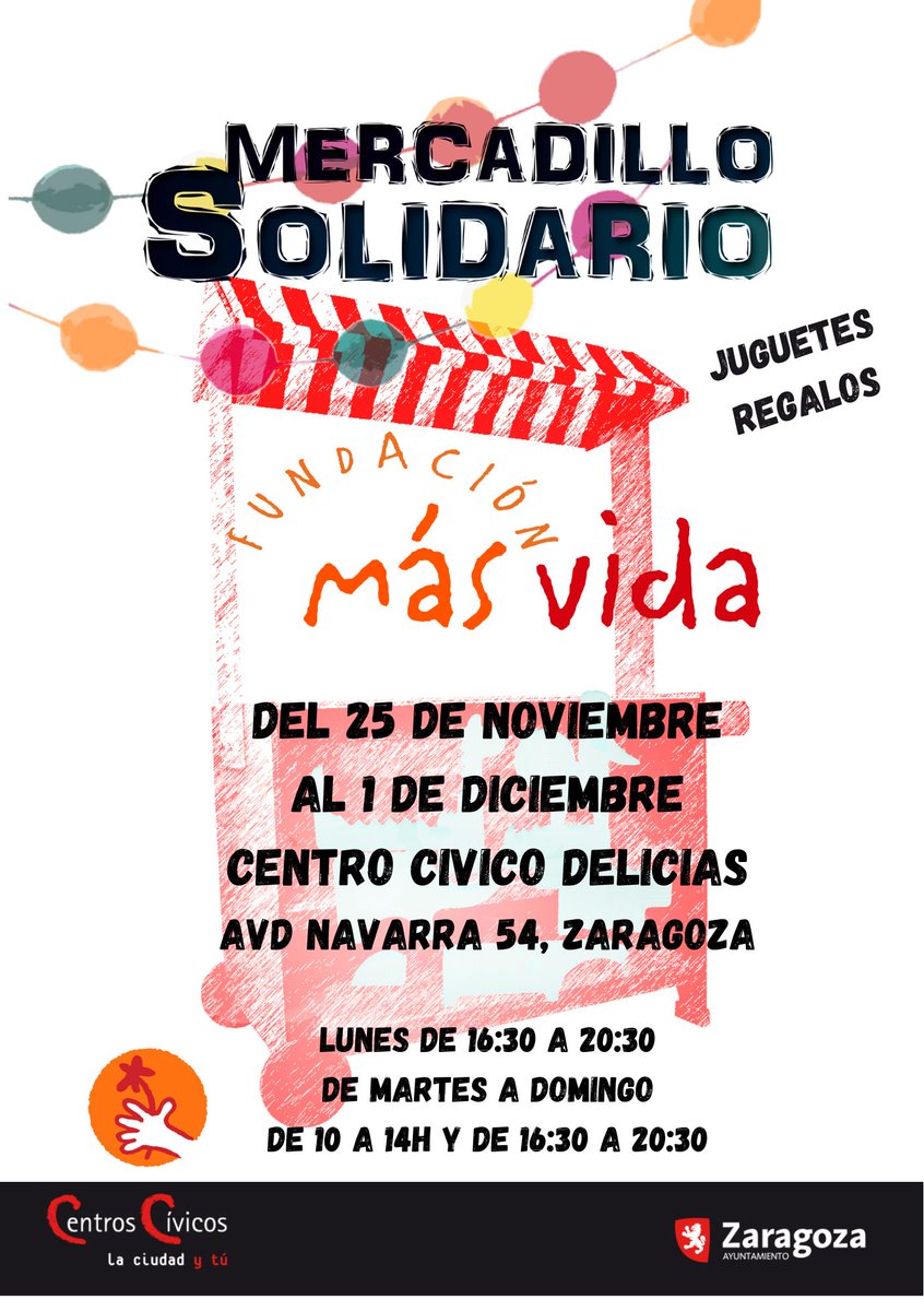 🌟 ¡El Mercadillo Solidario de la Fundación Más Vida te espera!
Del 25 de noviembre  al 1 de diciembre, ven y encuentra ese juguete especial para regalar en esta Navidad
Lunes 25 de noviembre : 16:30 a 20:30 
 Martes 26 de noviembre  a Domingo 1 de diciembre: 10:00 a 14:00 y