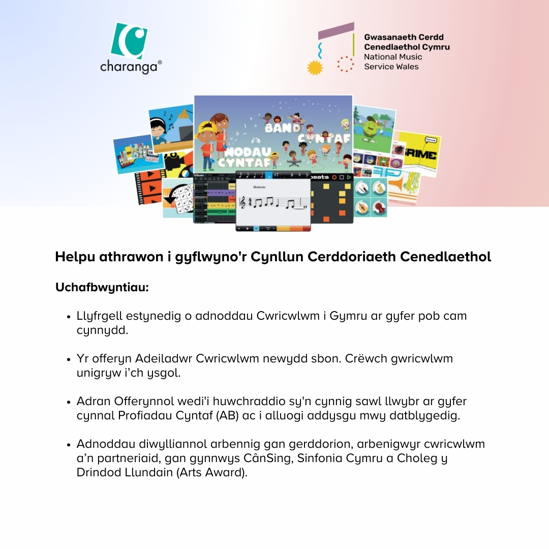 Ar gael nawr! Mae Charanga Cymru, platform cerddoriaeth ddigidol Gwasanaeth Cerdd Cymru, wedi cael ei ddiweddaru! Dewch i archwilio’r adnoddau rhyngweithiol newydd, a chynnwys unigryw gan @SinfoniaCymru, @CanSingCymru ac eraill. 🏴󠁧󠁢󠁷󠁬󠁳󠁿🎶

Mwy @ bit.ly/charanga-cyrmu