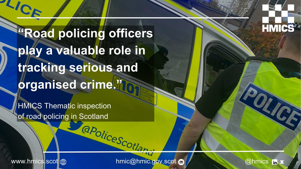 The vital work of <a href="/PoliceScotland/">Police Scotland</a> officers in disrupting organised crime groups who use Scotland’s roads to transport illicit drugs has been praised in a new @HMICS road policing review.

Press release:
hmics.scot/news/police-sc…

Report: hmics.scot/publications/t…