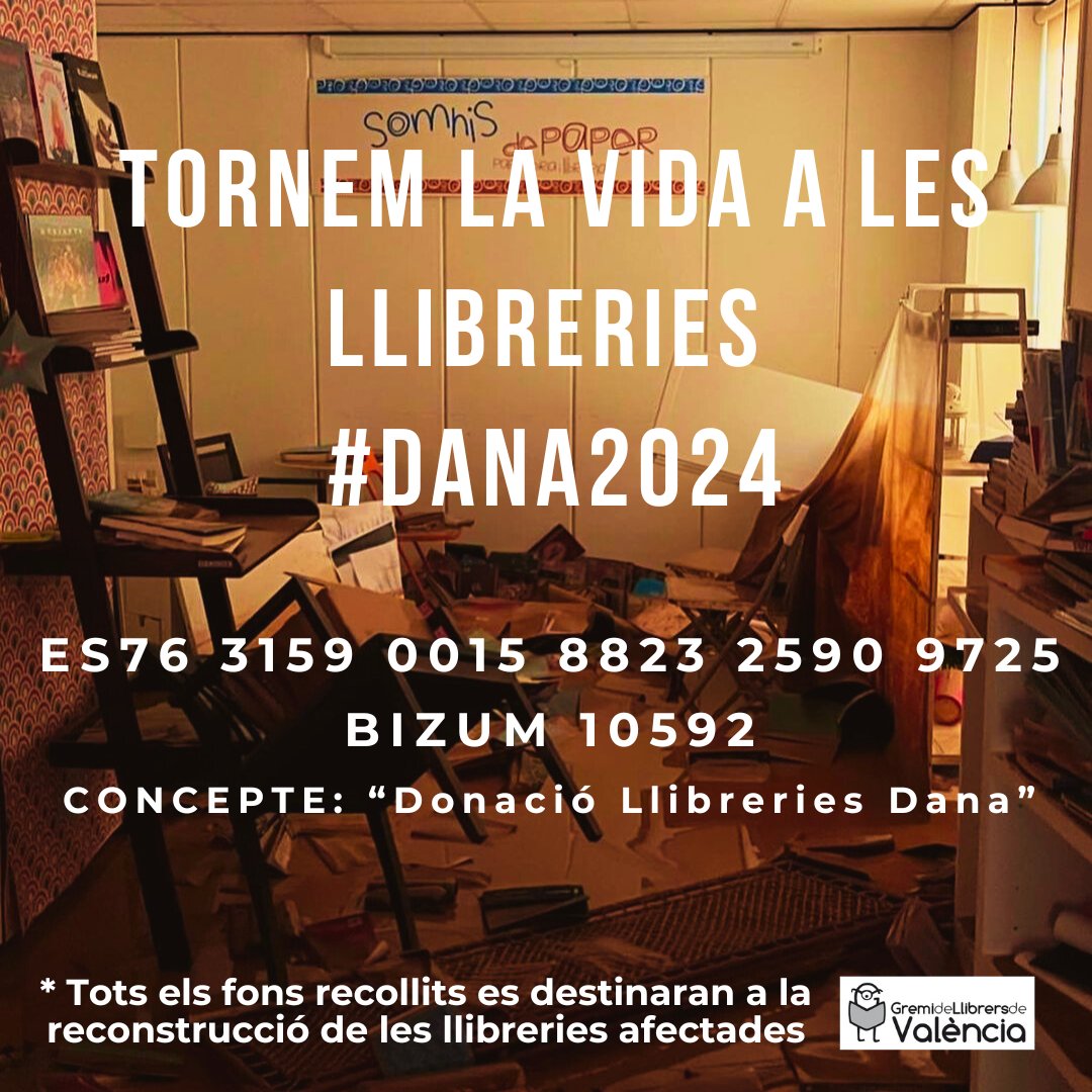 DrassanaLlibres's tweet photo. @CrisDuranLaGRUA Encara estem en fase d’avaluació i coordinació de les ajudes del sector, i per això no havíem dit res, però ja comencem a tindre certes coses clares. D’una banda, les llibreries afectades (algunes arrasades 😓) han sigut 8 i el @GremiLlibrers ens indica com ajudar-les!! 👇 https://t.co/VWEA9BlgXs
