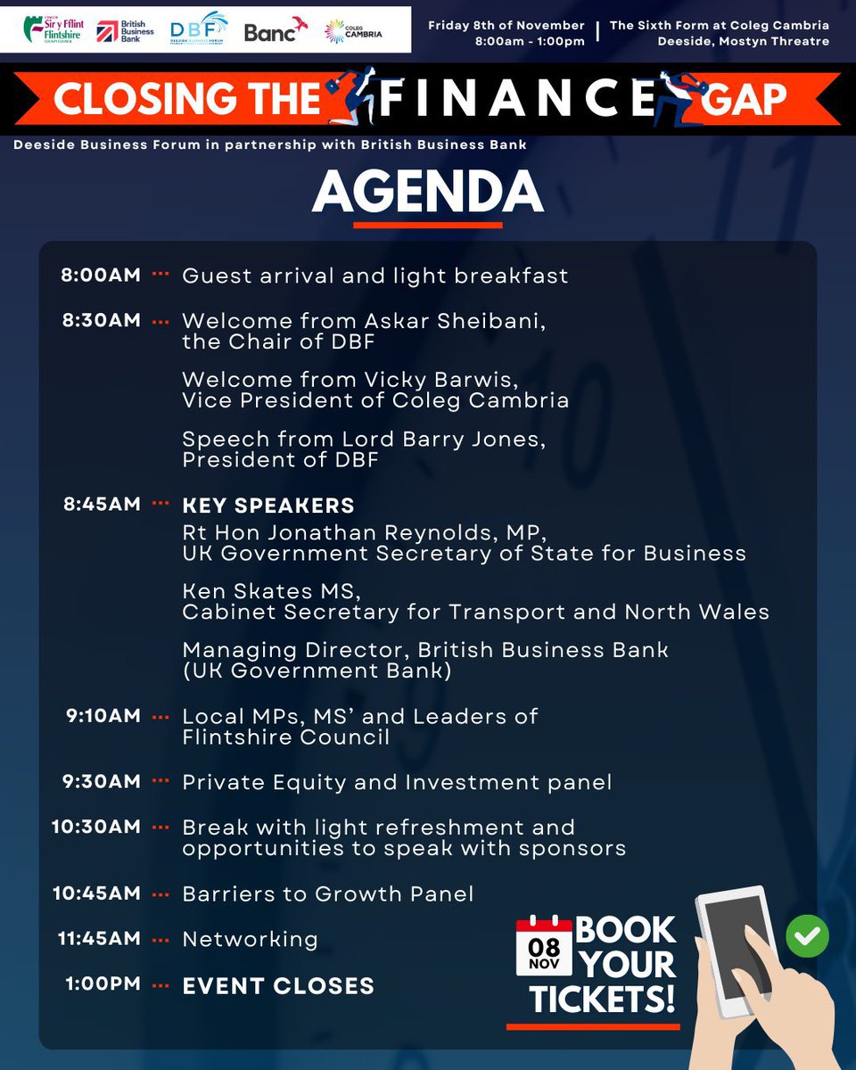 Good morning North Wales Bore da!

I’m at @colegcambria today supporting the annual <a href="/DBF_Forum/">DBF Forum</a> local business showcase. 
This Closing The Finance Gap event highlights North Wales potential for investment &amp; growth, check out the high profile speakers and official agenda.