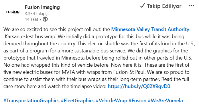Hisse_PhD's tweet photo. #Otobüs #Sektör #Haberleri @KarsanTR #KARSN

ABD'nin diğer bölgelerinde piyasaya sürülmeden önce seyahat eden prototipin Minnesota Valley Transit Authority #Karsan #eJest otobüs kaplama görüntüleri ektedir. Bunlar, Fusion-St Paul'den kaplamalara sahip MVTA için beş yeni elektrikli otobüsün ilki. Uzun vadeli ortakları olarak otobüs kaplamalarında onlara yardımcı olmaya devam etmekten gurur duyuyoruz.

Kaynak : https://t.co/dKQTOqEzut