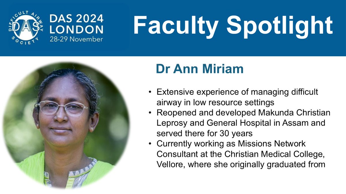 DAS Events (@das_2024) on Twitter photo 🎙️ Faculty Spotlight
#DAS2024
Dr Ann Miriam Devarathnam will
join us at <a href="/dasairway/">Difficult Airway Society (DAS)</a>
ASM in London to talk about airway management in low resource settings
das2024.co.uk
@dastrainees <a href="/DASRegistry/">DAS Difficult Airway Registry</a> <a href="/wfsaorg/">WFSA</a>
<a href="/AS_Kochi/">Airway Society Kochi</a> 🎙️ Faculty Spotlight
#DAS2024
Dr Ann Miriam Devarathnam will
join us at <a href="/dasairway/">Difficult Airway Society (DAS)</a>
ASM in London to talk about airway management in low resource settings
das2024.co.uk
@dastrainees <a href="/DASRegistry/">DAS Difficult Airway Registry</a> <a href="/wfsaorg/">WFSA</a>
<a href="/AS_Kochi/">Airway Society Kochi</a>