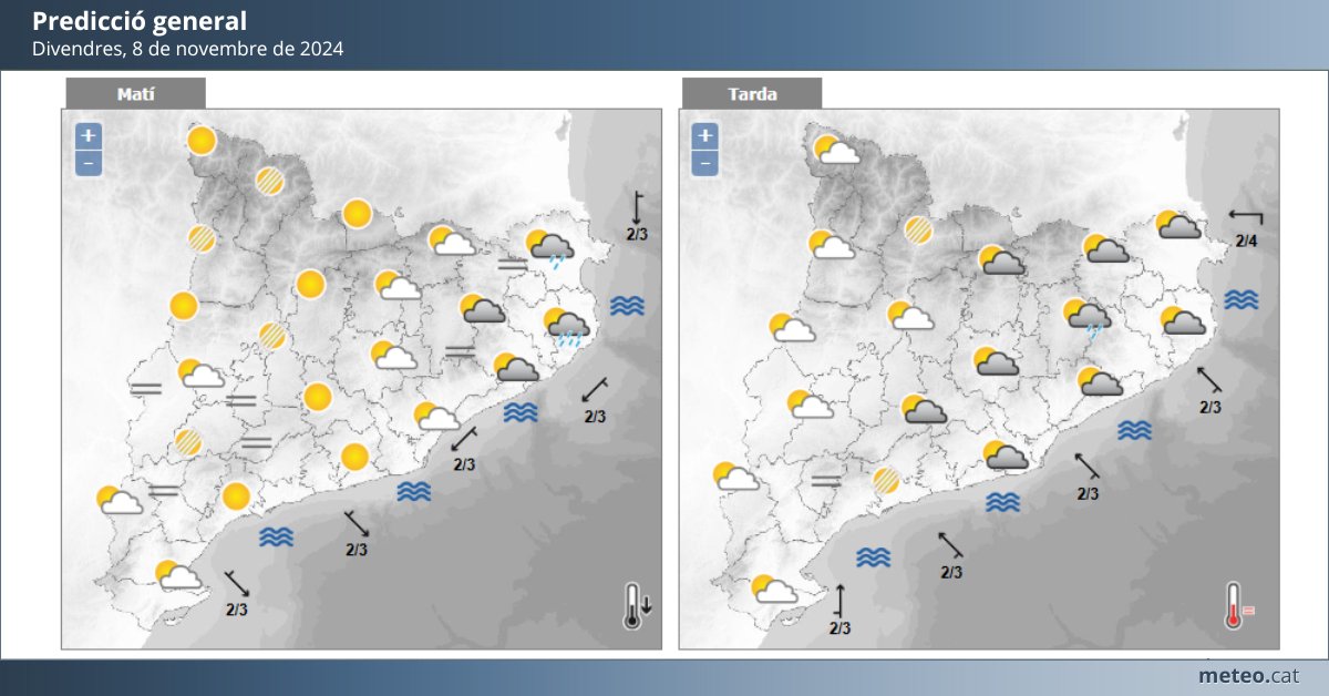 meteocat's tweet photo. #PrediccióAvui

🌦 Precipitació local al litoral i prelitoral nord al matí.  A la tarda serà més aïllada, però n'hi podrà haver en altres indrets del NE. 

A la resta, sol amb núvols alts, en augment a partir de migdia. 

Tots els detalls de la previsió 👇 https://t.co/dvBoqBQmJb https://t.co/WgeX2c0FGC