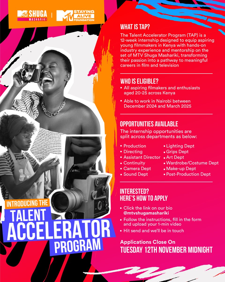 Dreaming of a career in film? MTV Shuga Mashariki’s TAP is here for Kenyan filmmakers aged 20-25!Gain up to 12 weeks of hands-on experience,mentorship &amp; a chance to work on the Shuga set.
Apply by midnight 12th Nov! Link bit.ly/ShugaTAP.  #MTVShugaTAP #MTVShugaMashariki