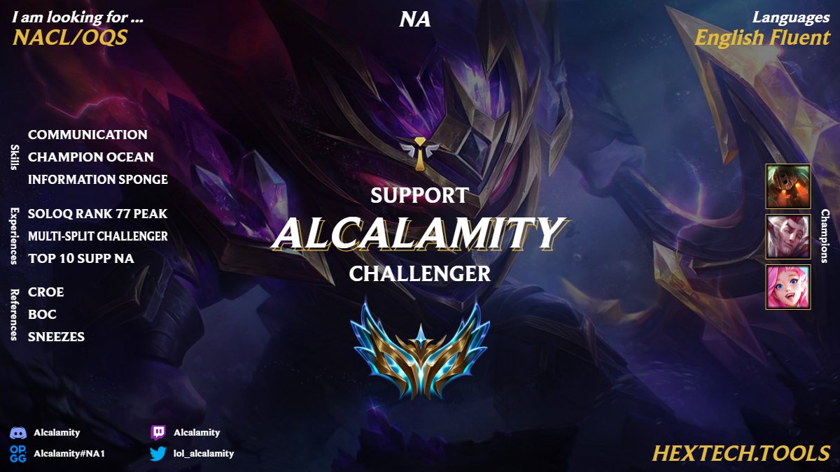 lol_Alcalamity's tweet photo. Finally time for my LFT post!

Challenger support looking for NACL/OQ opportunities. I'm still a rookie but I am ready to prove that I'm capable of holding my own even against seasoned veterans

I am hoping to continue improving and growing as a comp player

♥️ +🔁are appreciated https://t.co/zd9xPfXf2t