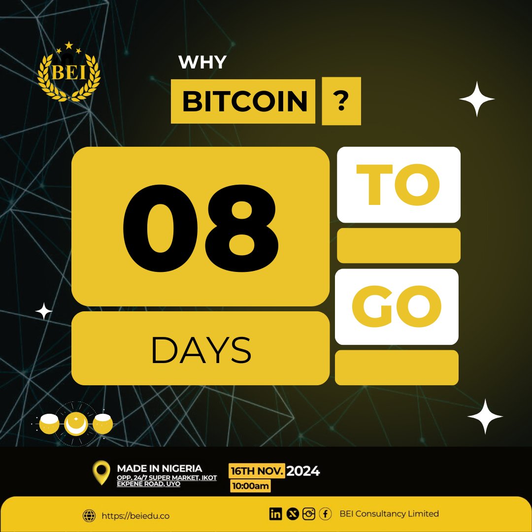 BEI_edu's tweet image. 8 days left! 

From freedom to transparency, Bitcoin has so much to offer. Discover why it matters!

 #WhyBitcoin #Bullrun #beiconsultancylimited