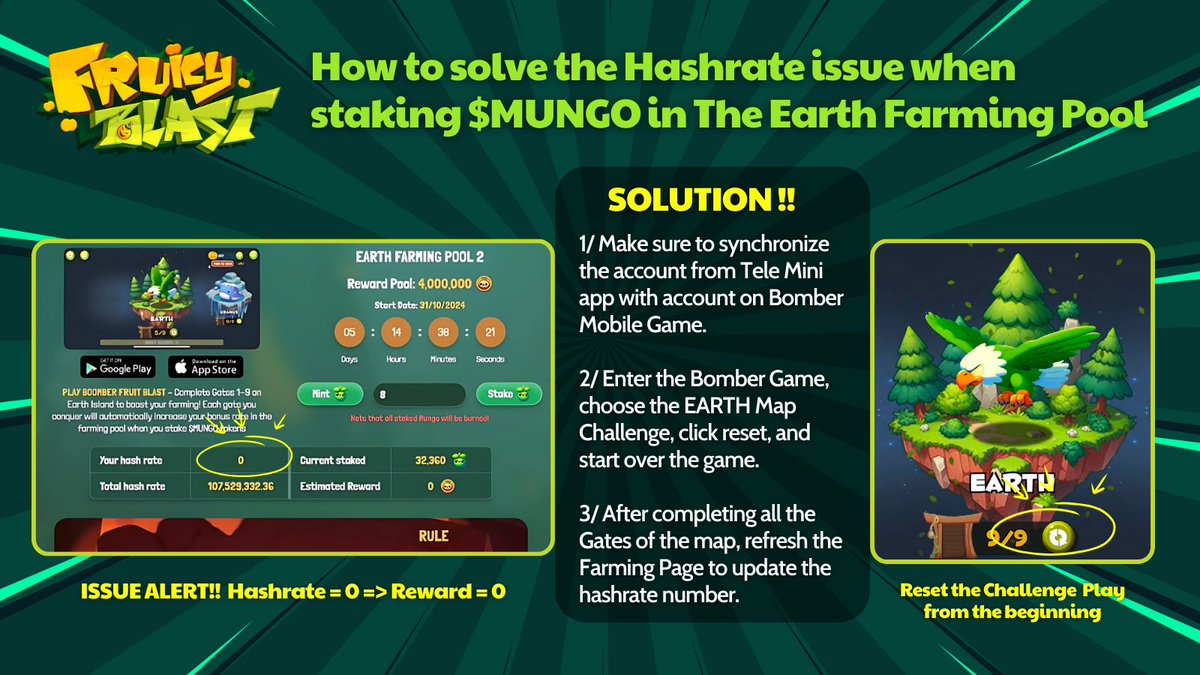 Hey, Blasties! 🍀

Having trouble with a Hashrate = 🤩? This means your reward is also 0 since the system can’t calculate your earnings. Let’s fix this together!

If your hashrate is showing 🤩, it usually means your data between Telegram mini-app and Bomber Game (mobile) isn’t