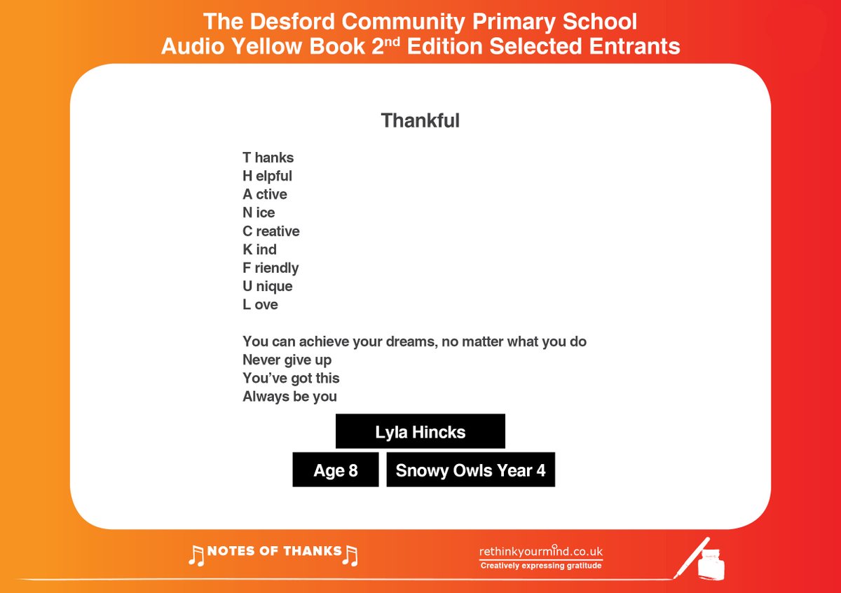rethinkyourmind (@rethinkyourmind) on Twitter photo WOW! Poems Created by <a href="/DesfordCPS/">Desford Community Primary School</a> Primary School Pupils feature on #ThePrimarySchoolAudioYellowBook!! Delighted that poems have been read by the children & feature on the digital wellbeing resource - All inspired by gratitude & #NotesOfThanks 👏👏
More 👉 rethinkyourmind.co.uk/news/congratul… WOW! Poems Created by <a href="/DesfordCPS/">Desford Community Primary School</a> Primary School Pupils feature on #ThePrimarySchoolAudioYellowBook!! Delighted that poems have been read by the children & feature on the digital wellbeing resource - All inspired by gratitude & #NotesOfThanks 👏👏
More 👉 rethinkyourmind.co.uk/news/congratul…