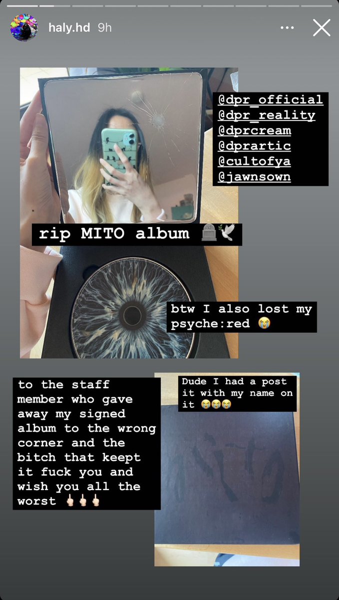 stealing signed insanity from me was low but stealing MITO from someone? how can you call yourself a fan of someone who tries to spread nothing but love and kindness?? 

if you know something or saw it happening please reach out to haly.hd on instagram