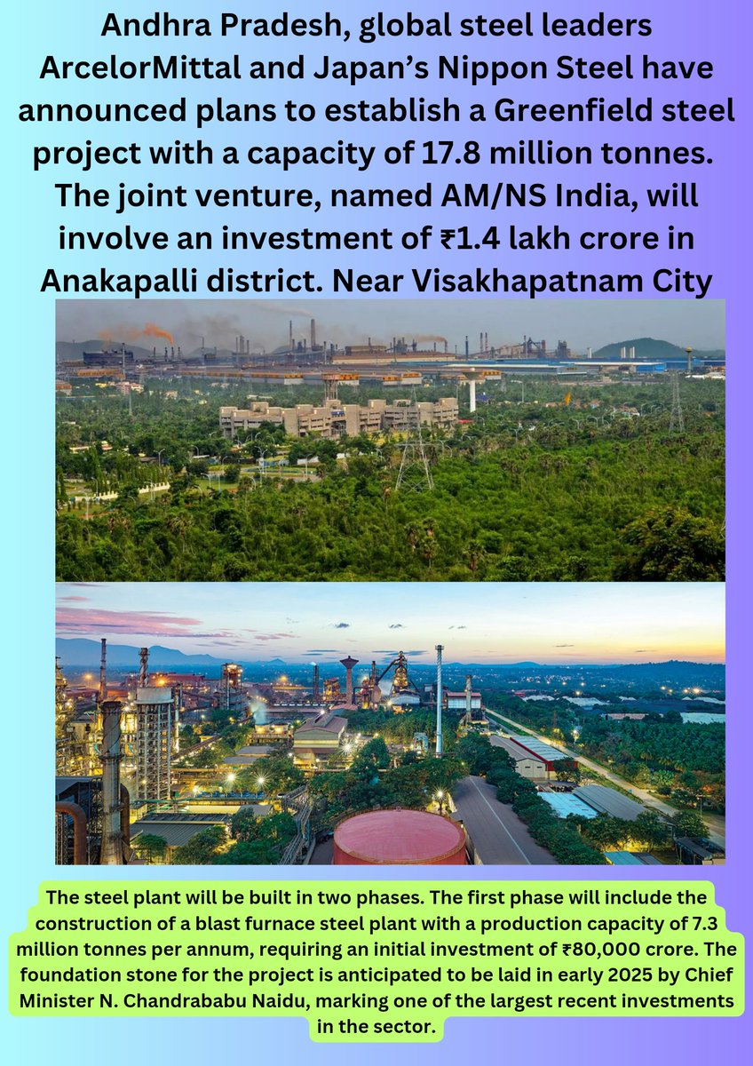 exploreinindia's tweet photo. #AndhraPradesh,global steel leaders ArcelorMittal and Nippon Steel have announced plans to establish a Greenfield steel project with a capacity of 17.8 MTn
#Visakhapatnam #vizagcity #vizag #investinandhra #anakapalli #infrainandhra #nipponsteel #vizagsteelplant #mittalsteel #ncbn https://t.co/zPO9FRcAuc