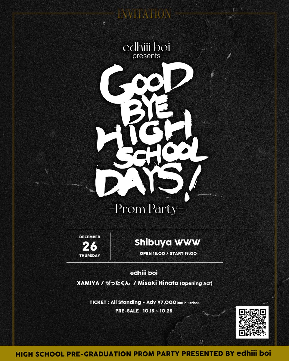 edhiii_boi's tweet photo. edhiii boi presents
GOODBYE HIGH SCHOOL DAYS 🏫
-Prom Party-
🗓12/26(木)
📍渋谷WWW
2次先行抽選受付スタート🎫🦀💜
〜11/17(日)23:59まで
こちらから今すぐお申込みを!!!
▶️https://t.co/S3rKlCJSlk
#eb_1226WWW #GOODBYE_HIGHSCHOOLDAYS
#edhiiiboi
▼10/20 @ OUR LIVES📹🔥 https://t.co/WmpfOmGwL4