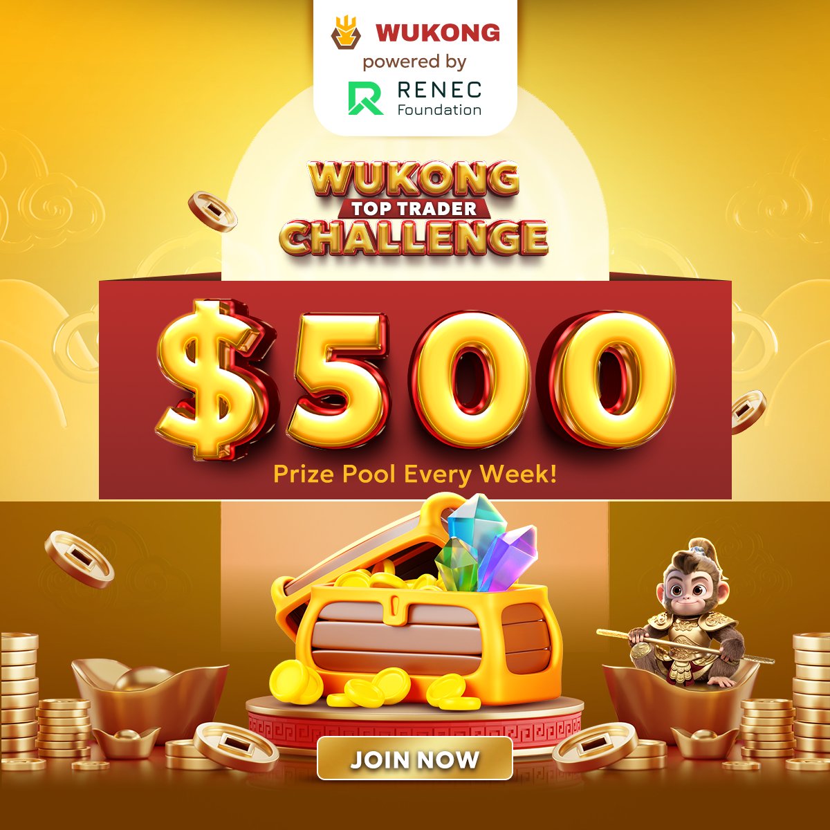 WukongExchange's tweet photo. @WukongExchange TOP TRADER CHALLENGE 
💰 $500 Prize Pool Every Week! 

👉 https://t.co/oCFC1l9ayO
Register now and start competing for the Top Trader ranks!

https://t.co/7974Pz39bD launches the weekly Top Trader Challenge, making your trading journey more exciting and full of rewards!

Rankings are based on total trading volume, number of trades, and the number of counterparties. The top 3 traders will share the $500 prize pool each week according to the leaderboard ranking:
🥇 Top 1: $250
🥈 Top 2: $150
🥉 Top 3: $100

⚡️ Join now and prove your skills on the WukongExchange trader leaderboard!

#wukongexchange #renec #tradingchallenge
