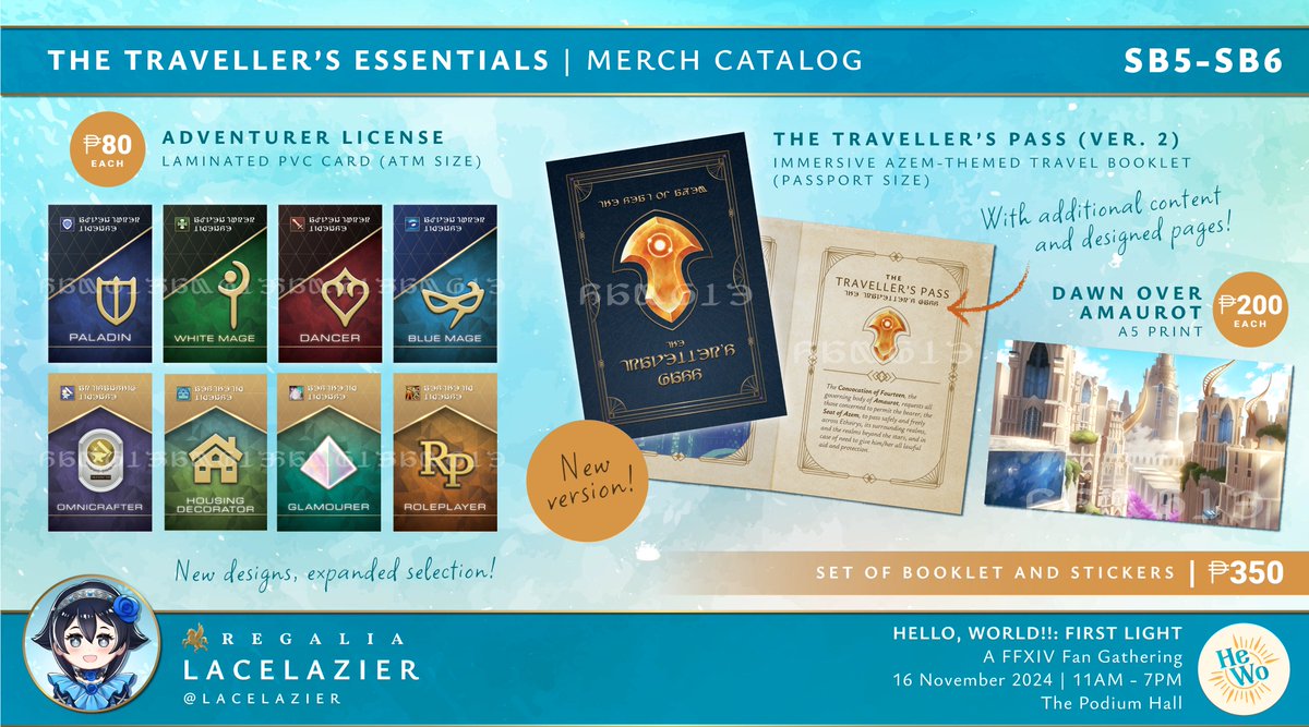 lacelazier's tweet photo. Hello everyone!

Here is my full Merch Catalog for Hello, World!!: First Light! Featuring my perfume collection, alcolognes, Adventurer Licenses, Traveller's Pass Ver 2 booklet, &amp; a lot more!

For local pre-orders, please visit this form:
https://t.co/KYfLw0cCzN
#HeWo2FL

1/3 https://t.co/evibxKtD2b