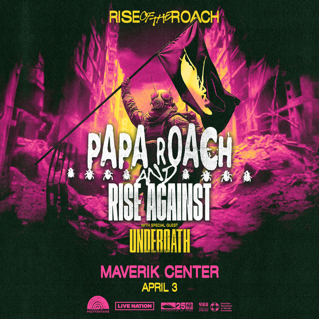 PostfontaineSLC's tweet photo. JUST IN: 🚨🪳The #RiseOfTheRoach Tour is coming to INFEST the @maverik_center with @paparoach, @riseagainst and Special Guests @underoathband on Apr 3! 

🎟️ On Sale: 11/14 | 10am

https://t.co/rxKkOs4UgV