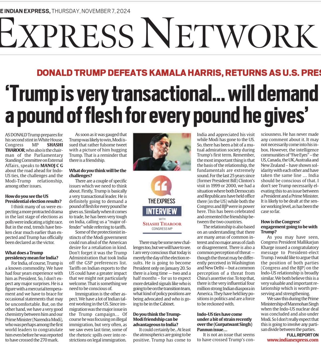 ShashiTharoor's tweet photo. My interview in the ⁦@IndianExpress⁩ on the victory of ⁦@realDonaldTrump⁩ : https://t.co/m7aHclnlli