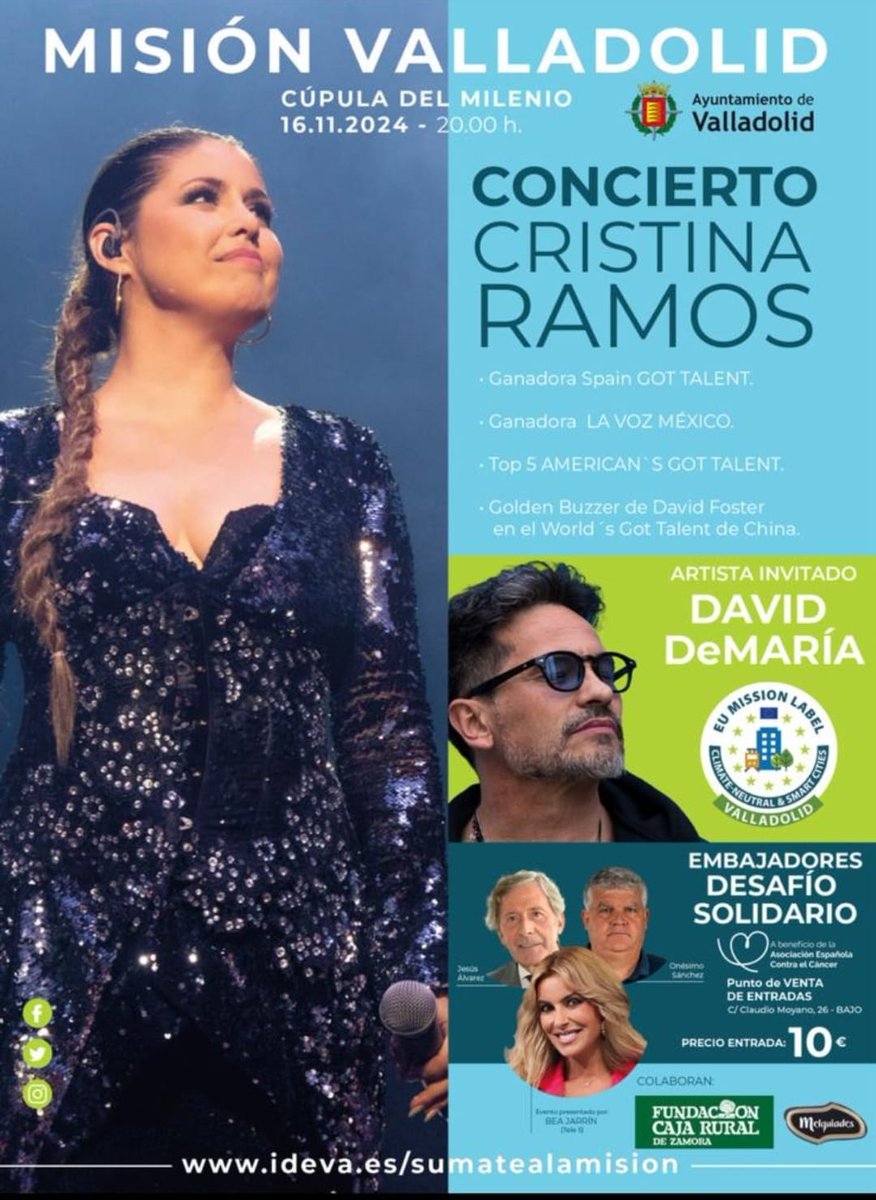 HOY A LA VENTA
Consigue tu entrada para el concierto solidario #MisiónValladolid de <a href="/CrisRamosStar/">Cristina Ramos</a> y <a href="/DavidDeMaria/">David DeMaría</a> como artista invitado. A beneficio de <a href="/ContraCancerEs/">Asociación Española Contra el Cáncer</a> 
🗓️ 16 nov | 20:00h
📍Cúpula del Milenio
🎟️10 euros. A la venta en sede de <a href="/ContraCancerEs/">Asociación Española Contra el Cáncer</a> c/ Claudio Moyano 26