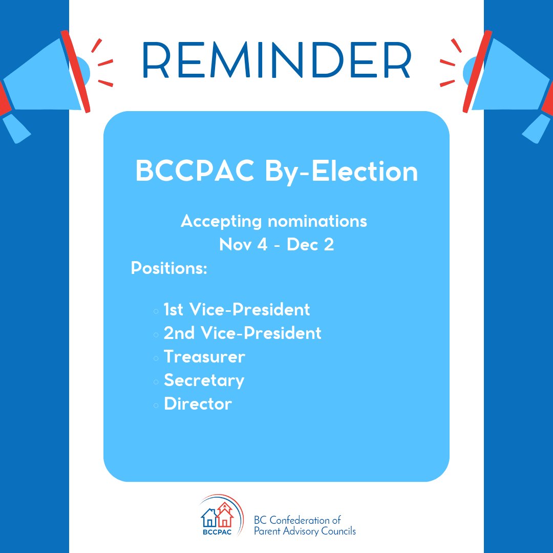 "📢 Reminder: The BCCPAC 2024 Board By-Election is underway! If you know a parent or caregiver who would bring valuable insight and leadership to BCCPAC, nominate them today! Learn more: bccpac.bc.ca/index.php/abou… #bced #bcpoli