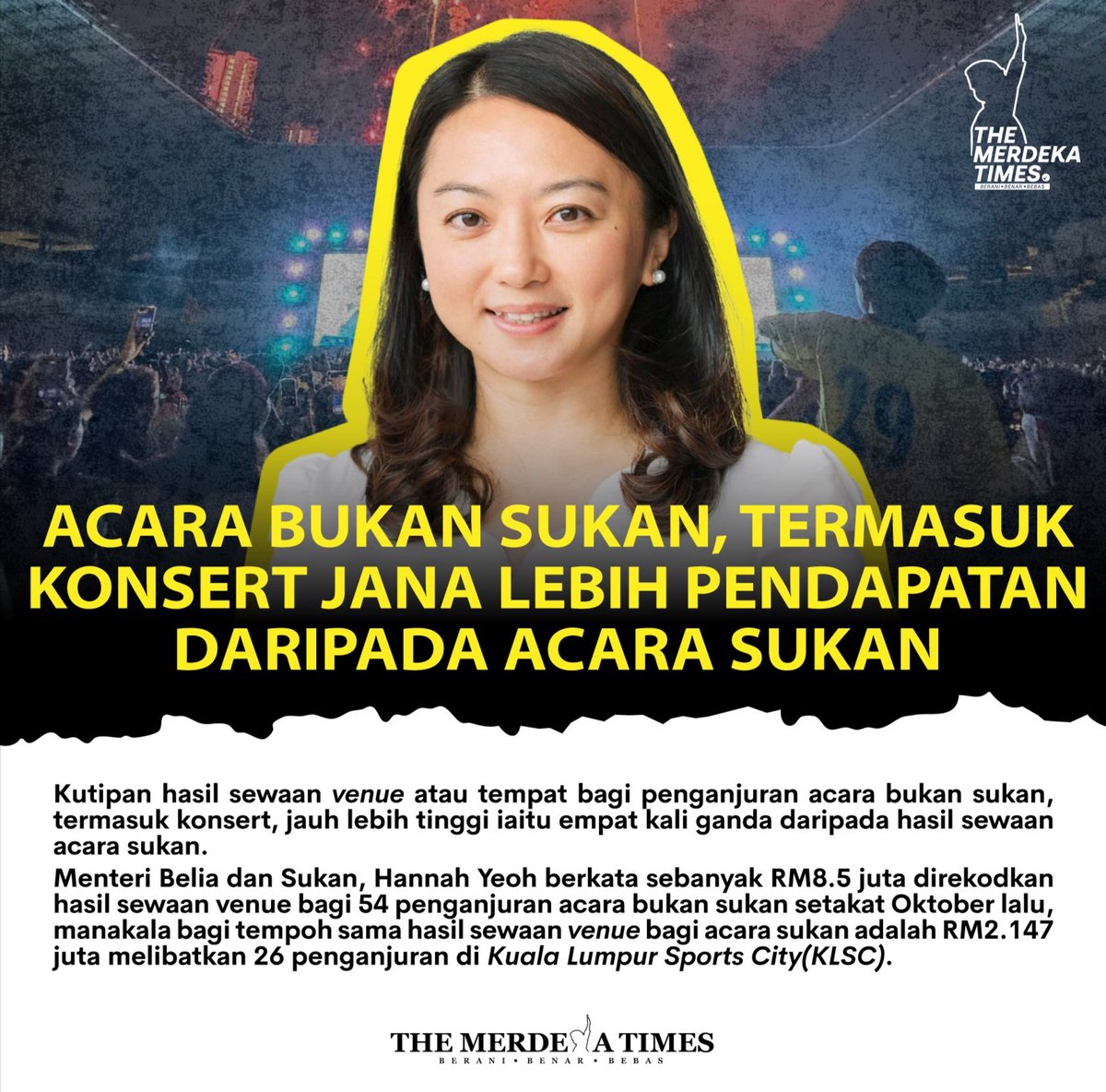 TheMerdekaTimes's tweet image. Hannah Yeoh berkata demikian ketika menjawab pertanyaan Khoo Poay Tiong (Kota Melaka) yang meminta beliau menyatakan apakah usaha kementerian dalam meningkatkan hasil negara melalui penganjuran lebih banyak konsert dan menjadikan...

#konsert #sukan #themerdekatimes