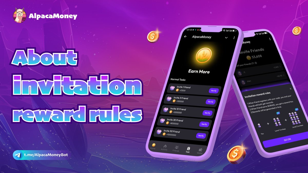 AlpacaMoneyX's tweet photo. 🌱 Invite friends reward rules 🌱

1⃣ Share your code & get rewarded when they register—both you and your friend get it.🎉
2⃣ Earn even more when your friend accumulates $GRASS. 
3⃣ Rewards will be generated in time. ⏳

Start sharing & growing together! 🤝 

#AlpacaMoney #GRASS