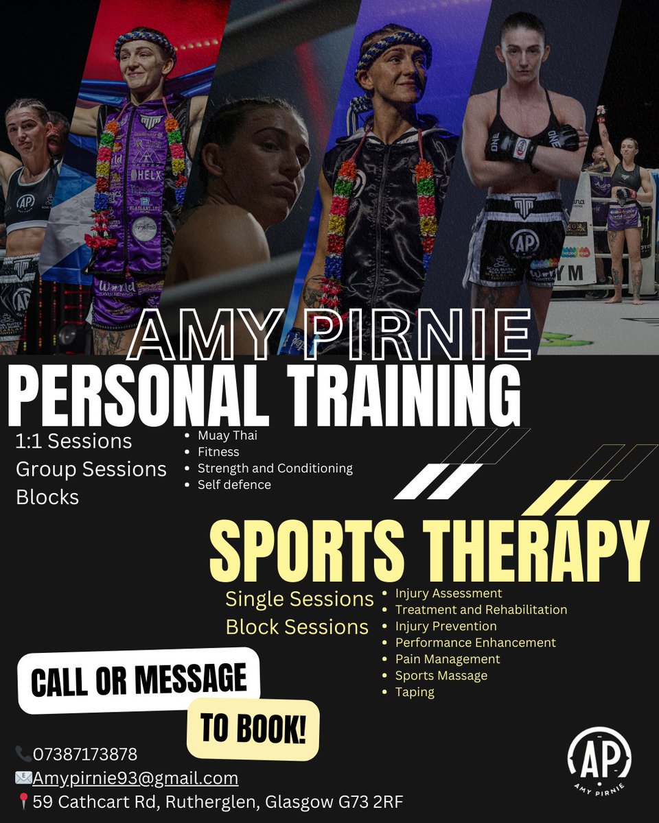 My fiancé has some extra spaces for personal training and/or sports therapy.

PERSONAL TRAINING:
1-1 Sessions
Group Sessions
Blocks

SPORTS THERAPY:
Single Sessions
Block Sessions

Call or message to book:
📞07387173878
📧Amypirnie93@gmail.com
📍Cathcart Rd, Rutherglen, G73 2RF