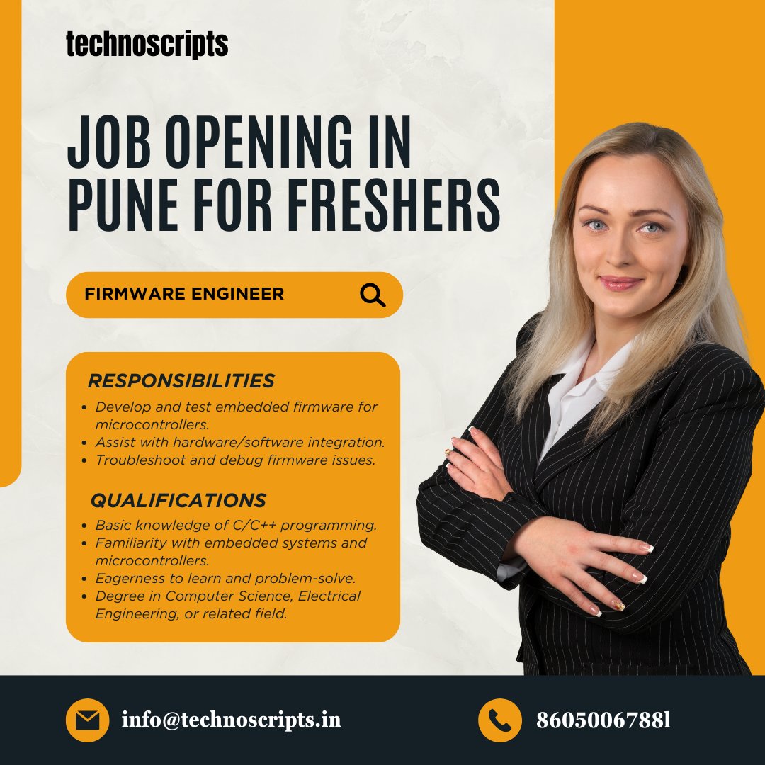 TechnoScript's tweet image. &quot;Looking for a Firmware Engineer role in Pune? 💻🚀 Explore exciting career opportunities in the world of embedded systems and firmware development!

#FirmwareEngineer #EmbeddedSystems #JobOpening #PuneJobs #TechCareers #EngineeringJobs #JobSearch&quot;