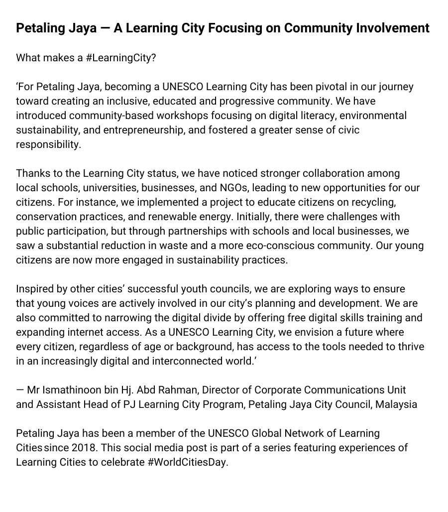unescobangkok's tweet photo. 'As a UNESCO #LearningCity, we envision a future where every citizen, regardless of age or background, has access to the tools needed to thrive in an increasingly digital & interconnected world.'
— Mr Ismathinoon bin Hj. Abd Rahman of @pjcitycouncil
Read ⬇️#WorldCitiesDay https://t.co/MHuN4QdhXw