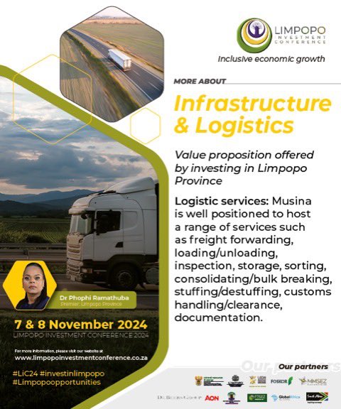 Limpopo_IC's tweet photo. Infrastructure and Logistics - Learn more about the Limpopo Investment Conference 2024 
#LiC24 #Investinlimpopo #Limpopoopportunities https://t.co/tBQ2uOvmsL