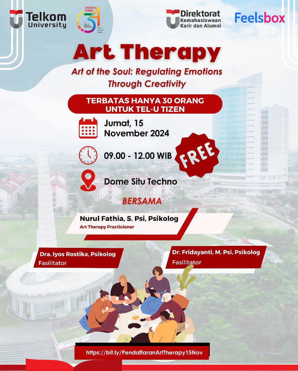 ditmawa_telu's tweet photo. Halo Telutizen!
Direktorat Kemahasiswaan, Pengembangan Karir dan Alumni Telkom University berkolaborasi dengan Feelsbox dalam menyelenggarakan “Art Therapy” yang akan dilaksanakan pada:

Registrasi: https://t.co/7ET4gdUkA4

PESERTA TERBATAS

For More Information:
082130155601 https://t.co/JRqgtD9QsW