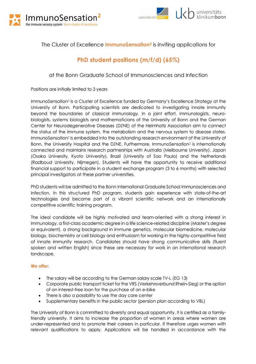 ImmunoSens's tweet photo. 🚨 Open PhD positions with the Bonn International Graduate School (BIGS) Immunosciences and Infection!

We invite you to apply for multiple open PhD positions offered by our members at different departments at the @UniklinikBonn until December 12th.

More info on our website! https://t.co/xkWZxrCtcQ