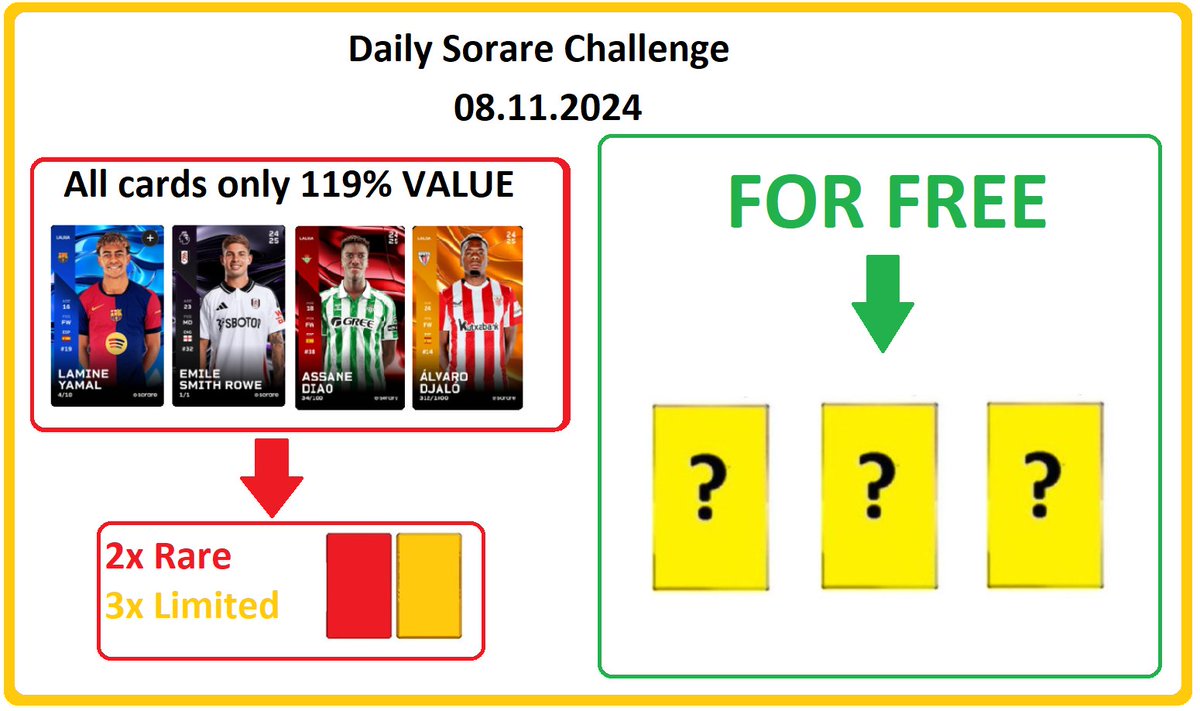 Daily <a href="/Sorare/">Sorare</a>  Challenge Starts Now 08.11.2024 😎

1⃣ Swap ALL my CARDS for 119% of Your cards value! 🔥
2⃣ 2 Rare and 3 Limited  for 5 people who make at least one transaction with me within 24 hours! 🔝
3⃣🆕Get a card for free! 🆓3x Limited cards for 3 random people - just