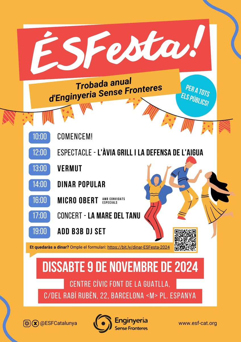 ESFCatalunya's tweet photo. 🥳 Demà dissabte us esperem a totes a la ÉSFesta! 🥳

🙋‍♀️ Ds 9 de novembre vine a gaudir amb nosaltres a la trobada anual d'ESF: espectacle, vermut, dinar popular, i concert i Djs!

📍 A partir de les 10h a @c_civicfont https://t.co/Vl8qjQvmnp