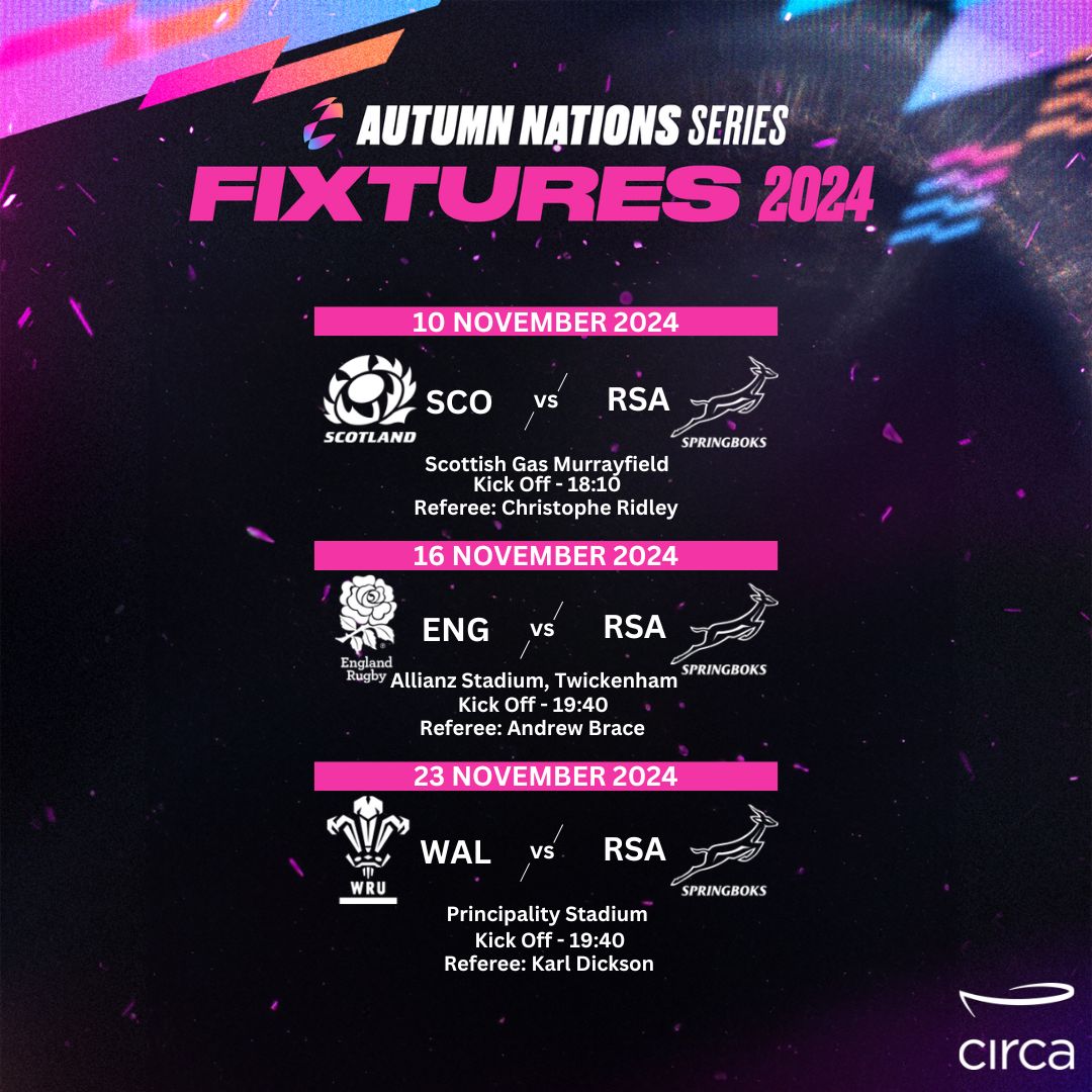 🏉 This Sunday, it’s Scotland vs. the <a href="/Springboks/">Springboks</a> in the Autumn Nations Series at Scottish Gas Murrayfield! 🏴󠁧󠁢󠁳󠁣󠁴󠁿 vs 🇿🇦 

📅 Date: Sunday, 10 November 2024 
⏰ Kick-off: 18:10

Get ready for an epic showdown! Bring the energy, wear your colors, and let’s make it a night to remember!