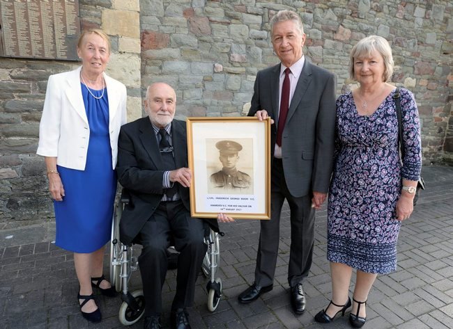 RSSGBristol's tweet image. 100 years later in 2017 his relatives attended a ceremony to unveil the  commemorative paving stone honouring him. It is in the ruins of St Peter's Church, Castle Park (bombed in the Blitz in World War II) #Remembrance #LestWe