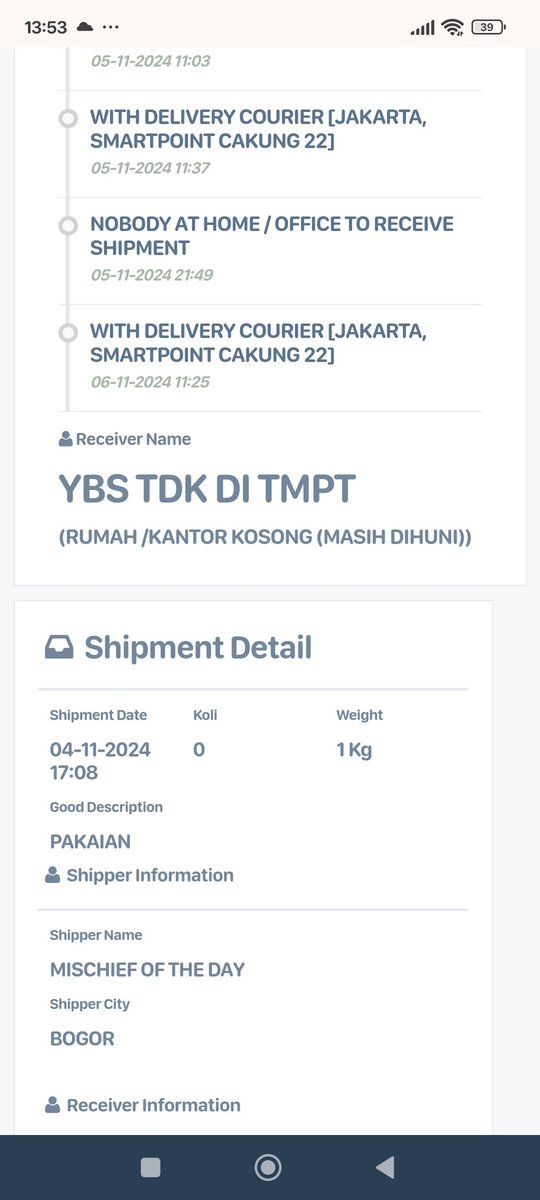 JNE ngehe bgt yaa, gua lagi di rumah bilang nya udah 2x kirim ga ada orang