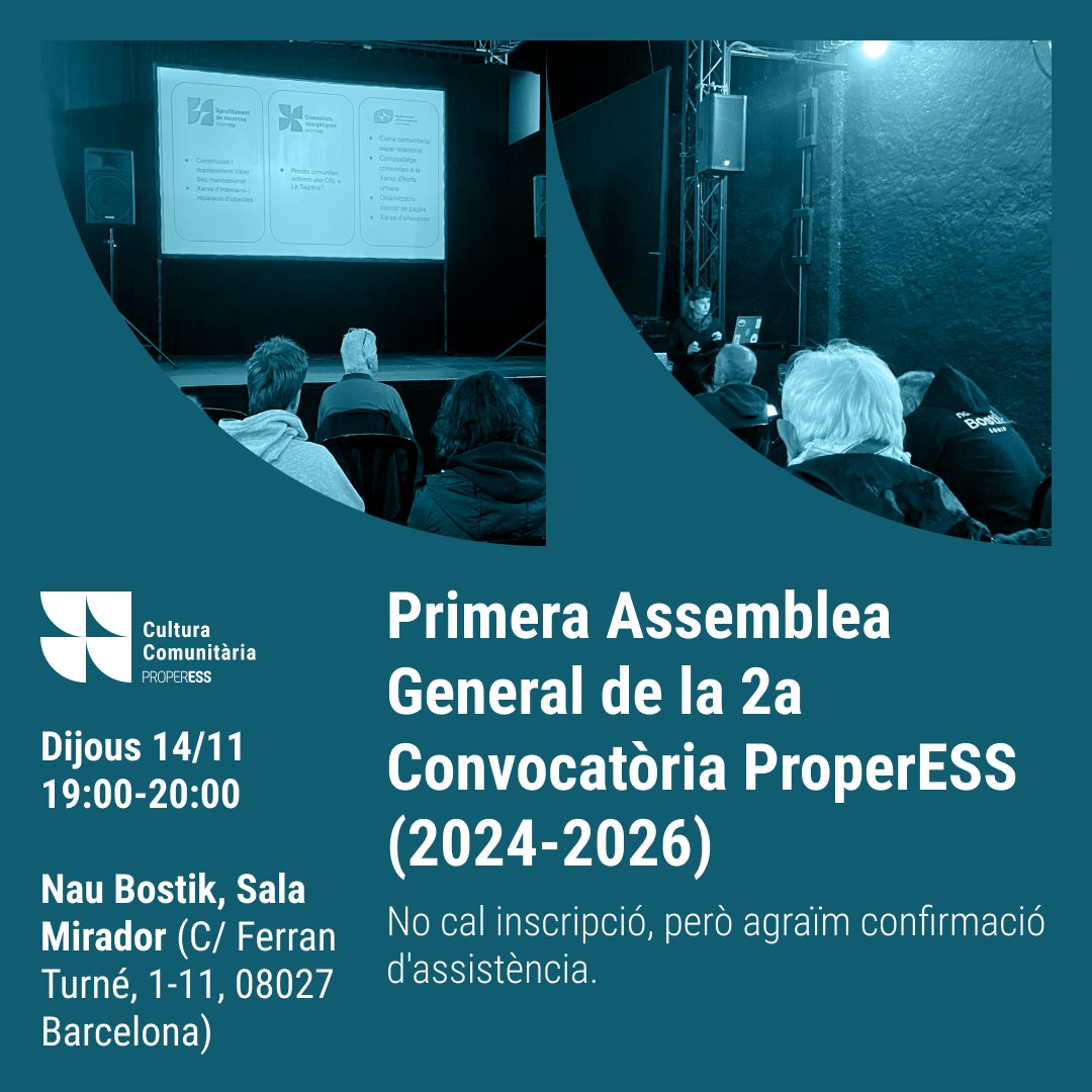 properess's tweet photo. Us esperem el 14/11 a les 19 h a la @naubostik per la 1a Assemblea General de la 2a Convocatòria #ProperESS (2024-2026)!

Si vols enxarxar-te, tens propostes de col·laboració o simplement vols assabentar-te del que estem fent, acompanya’ns!

Al final celebrarem amb un pica-pica! https://t.co/jMWquxRYTl