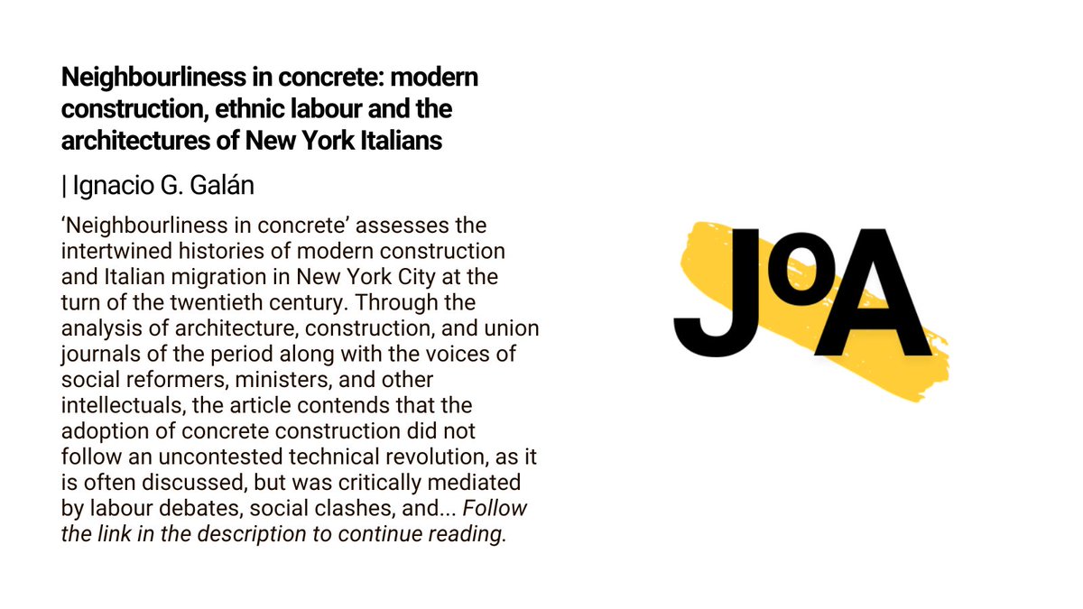 📢 Now online: Neighbourliness in concrete: modern construction, ethnic labour and the architectures of New York Italians – By Ignacio G. Galán <a href="/BarnardCollege/">Barnard College</a>
tandfonline.com/do i/full/10.1080/13602365.2024.2389810