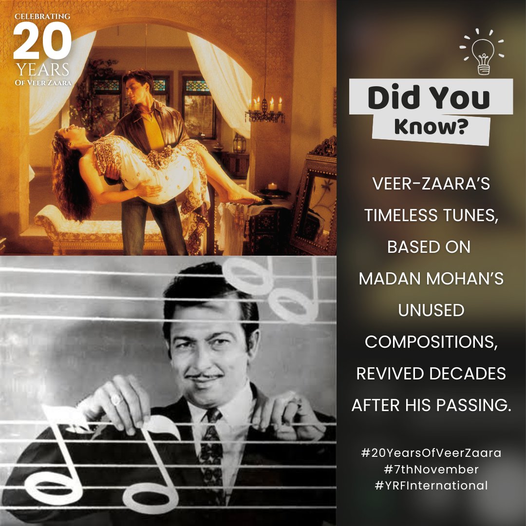 Did you know? Veer-Zaara’s soulful tunes are based on Madan Mohan’s timeless, unreleased compositions,rediscovered and brought to life decades later

#20yearsofveerzaara #ranimukerji #yrfinternational #veerzaara #shahrukhkhan #7thnovember #preityzinta