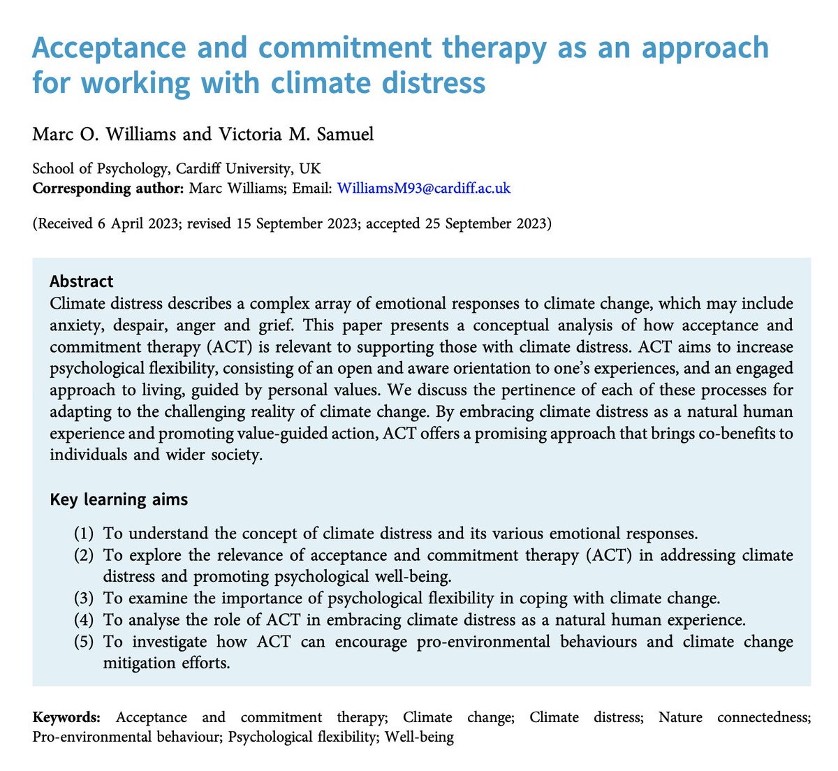 Final paper from the tCBT Special Issue: Acceptance and commitment therapy as an approach for working with climate distress

Full free text at ow.ly/q5uC50TZcX0