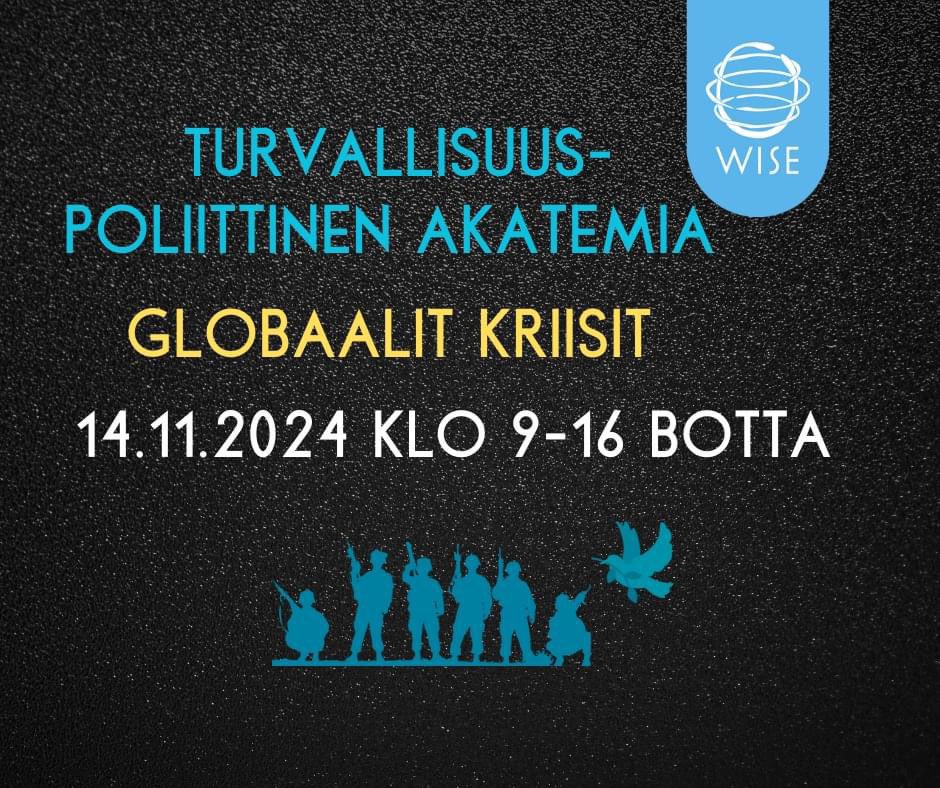 TURVALLISUUSPOLITIIKKA | Hopi hopi! Vielä tämä päivä aikaa ilmoittautua WISEn korkeatasoiseen Turvallisuuspoliittiseen akatemiaan 14.11. Bottalla! Ohjelma ja ilmoittautuminen löytyvät osoitteesta widersecurity.fi/tapahtumat.