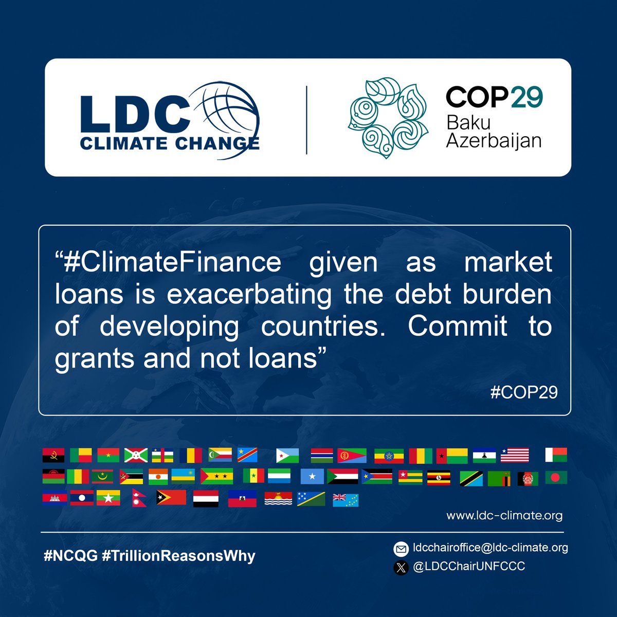 LDCChairUNFCCC's tweet photo. We have #TrillionResonsWhy #COP29 must mobilise new and additional #ClimateFinance.

No finances, no fight, no action,
the crisis deepens, and our hopes dissolve. #COP29 must give hope to our people &amp; inject new momentum + confidence into the process.

#TrillionReasonsWhy #COP29 https://t.co/T8YHMX5u5q