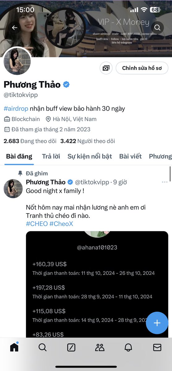 Hành trình lên 4k fl ! 

Mời tất cả ae tích xanh tích trắng fl chéo có thông báo e back liền . 
Còn những ai đã fl rồi thì mình cùng nhau tt . 
Cố lên ! 
Mai lãnh lương rồi 🥰
#cheouytin #luong  #payments