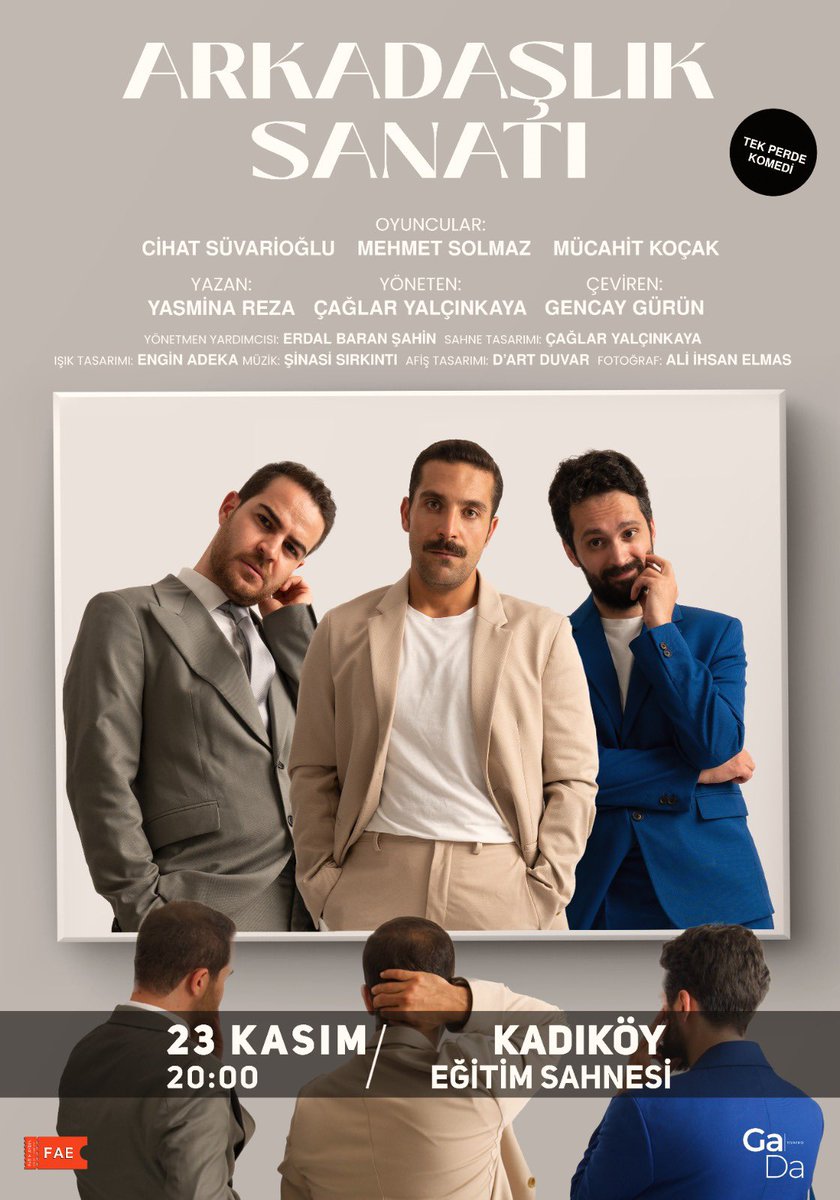 Arkadaşlık Sanatı 23 Kasım Cumartesi 20:00 Kadıköy Eğitim Sahnesi-Moda’da.

Biletler: biletinial.com/tr-tr/tiyatro/…

#arkadaşlıksanatı #gadatiyatro