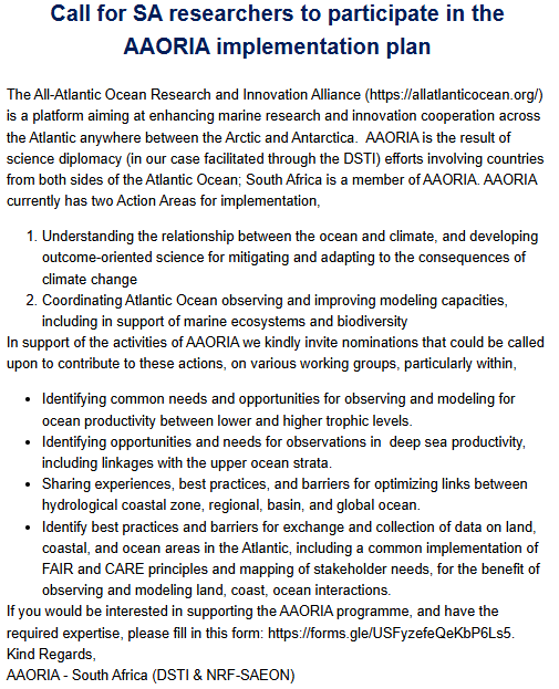 Calling all SA🇿🇦 #ocean #researchers!

Help shape the future of #AtlanticOcean #research!

The <a href="/AllAtlanticO/">All-Atlantic Ocean Research & Innovation Alliance</a> <a href="/Saeonews/">SAEON</a> <a href="/dstigovza/">DEPARTMENT OF SCIENCE,TECHNOLOGY & INNOVATION</a> is seeking expertise in:
✅ Ocean &amp; climate connections 
✅ Improved ocean obs &amp; modeling 
✅ Data sharing &amp; collaboration
forms.gle/USFyzefeQeKbP6…