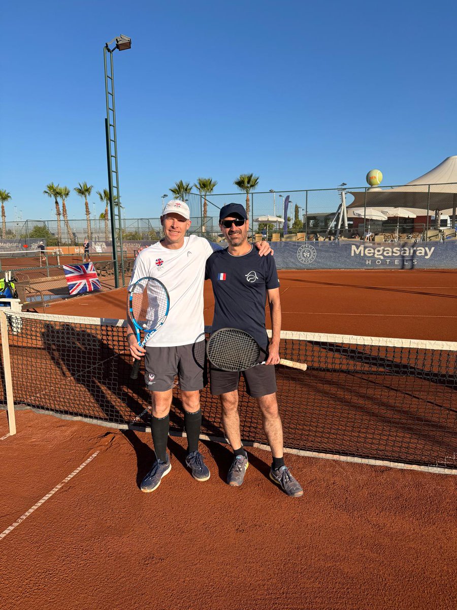 Just secured the first point for UK against the French team in the bronze medql match at European seniors club championships. My singles was good, and ugly... Just enough good and Clint Harwood to serve our 6-4 6-4!