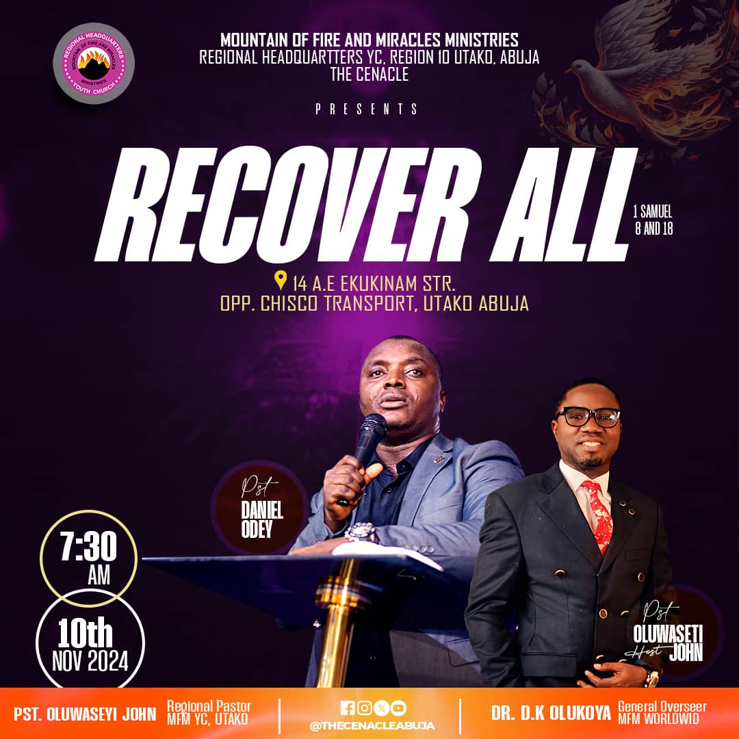 thecenacleabuja's tweet photo. And David enquired at the LORD, saying, Shall I pursue after this troop? shall I overtake them? And he answered him, Pursue: for thou shalt surely overtake them, and without fail recover all. (1Sam 30:8)

#thecenacleabuja #mfmutako #MFMyouths #ishallrecoverall #MFMWorldWide

1/2 https://t.co/EFKCuWvMoK