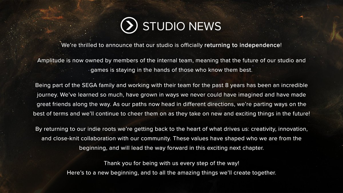 Après 8 ans sous l’ombrelle de SEGA, le studio français Amplitude (Endless Space/Legends/Dungeon, Humankind) reprend son indépendance.

community.amplitude-studios.com/amplitude-stud…