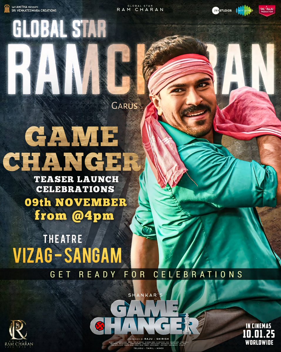 MEGA SUPPORTERS (@megasupporters) on Twitter photo Dear all GLOBAL STAR <a href="/AlwaysRamCharan/">Ram Charan</a> garu's Fans
Get Ready For the MASSIVE Teaser Blast of #GameChangerTeaser celebrations like never before on this 9 th Nov at 📍sangam theatre - vizag 💥💥💥
<a href="/SVC_official/">Sri Venkateswara Creations</a>
#GameChanger
#GameChangerOnJAN10 🚁
#GlobalStarRamCharan Dear all GLOBAL STAR <a href="/AlwaysRamCharan/">Ram Charan</a> garu's Fans
Get Ready For the MASSIVE Teaser Blast of #GameChangerTeaser celebrations like never before on this 9 th Nov at 📍sangam theatre - vizag 💥💥💥
<a href="/SVC_official/">Sri Venkateswara Creations</a>
#GameChanger
#GameChangerOnJAN10 🚁
#GlobalStarRamCharan